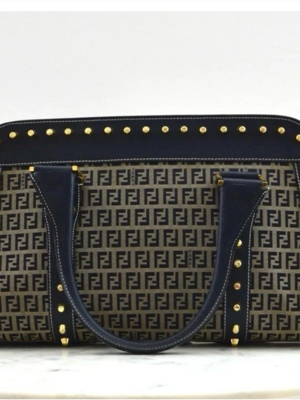 Fendi Navy and Brown FF Logo Tote with Gold Studs